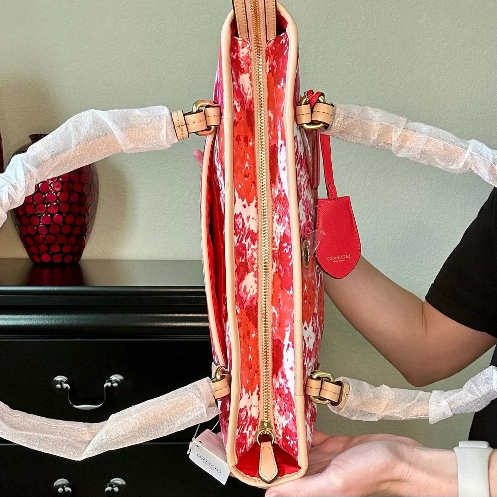 Coach Red and Pink Payton Floral Print Zip Top Tote Bag MSRP $328 - Picture 5 of 16